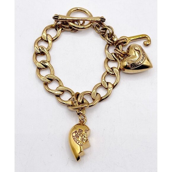 VTG Juicy Couture Gold Tone Starter Charm Bracelet Puffy Heart Split Heart Y2K - Picture 1 of 3